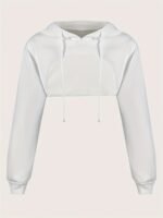 Solid Dipped Hem Drawstring Hoodie, Casual Long Sleeve Crop Sweatshirt, Women'S Clothing - Image 3