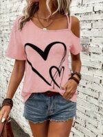 Heart Print Cold Shoulder T-Shirt, Casual Short Sleeve Backless Asymmetrical Top, Women'S Clothing - Image 4