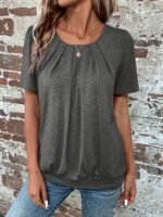 Women'S Elegant Summer Casual Short Sleeve T-Shirt - Solid Color Round Neck Blouse With Ruching Detail, Machine Washable Regular Fit Top For Casual Attire, Short Sleeve Blouse, Soft Fabric Tee - Image 8