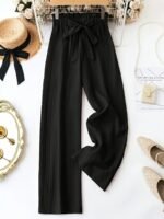 Plus Size - Women'S Elegant Textured Wide-Leg Pants With Bow Detail - Light Blue Solid Color, Loose Fit Straight-Leg Trousers For Spring, Summer & Fall, Versatile Casual To Formal Wear, Seasonal Fashion, Nonstretch Fabric - Image 2