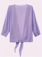 Women'S V-Neck Polyester Cardigan - Solid Color Half Sleeve Short Length With Lace-Up Detail, Non-Stretch Woven Fabric, Spring/Summer Lightweight Chiffon Sun-Protective Clothing - Image 9