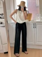 Women'S Elegant Summer Sleeveless Top - Breathable Round Neck Solid Color Casual Chic Shirt, Hand Wash Only, Everyday Fashion, Open Front Design, Quality Craftsmanship - Image 6