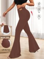 Women'S High-Waisted Flared Leggings - Elastic Waistband, Mid-Rise 9/10 Length, Stretchy Comfort Fit For Spring/Autumn Casual Wear, Black, High Waisted Leggings - Image 3