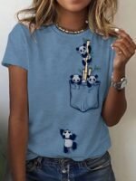 Women'S Casual Elegant Panda Print Crew Neck T-Shirt - Short Sleeve Bamboo Graphic Tee, Soft Breathable Fabric, Machine Washable, Spring Summer Top, Panda Gifts, Casual Attire Shirt, Durable Print Shirt - Image 4