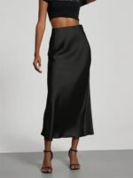 Women'S High-Waist Satin Midi Skirt - Elegant Solid Black, Flared Design, Perfect For Dates & Work, All-Season Polyester Skirt, Office Wear Skirt | Flared Skirt Style | Quality Construction - Image 2
