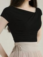Women'S Elegant Asymmetrical Neckline Ruched Slim Fit Short Sleeve T-Shirt - Solid Color, Medium Stretch, Spring/Summer Casual & Formal Wear, Ladies T Shirts, Summer Outfit, Chic Style, Stretchy Fabric, Fitted Shirt, Summer Wardrobe - Image 3