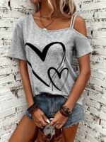 Heart Print Slant Shoulder T-Shirt, Casual Short Sleeve Top For Spring & Summer, Women'S Clothing - Image 9