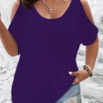 Plus Size Solid Cold Shoulder T-Shirt, Casual Crew Neck Short Sleeve T-Shirt, Women'S Plus Size?Clothing