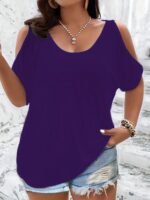 Plus Size Solid Cold Shoulder T-Shirt, Casual Crew Neck Short Sleeve T-Shirt, Women'S Plus Size?Clothing