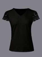 Women'S Soft Pink V-Neck T-Shirt - Elegant Lace Trim Blouse, Machine Washable Everyday & Formal Tops For Women, Versatile Top, Feminine Style, Breathable Top, Stylish Top, Summer Wardrobe - Image 9