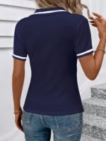 Women'S Elegant Black Shirt With White Collar & Cuff Detail - Short Sleeve, Zippered, Stretchy Polyester-Spandex Blend, Machine Washable, Perfect For Casual Or Professional Outfits - Image 8