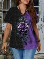 Plus Size Women'S Short Sleeve Casual T-Shirt, Plus Size Women'S Floral Print Trendy T-Shirt. - Image 5