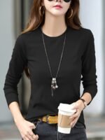 Women'S Elegant Crew Neck T-Shirt, 100% Polyester Knit Fabric, High Stretch Solid Color Top, Regular Length, 180Gsm - Spring/Summer Fashion - Image 9