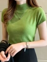 New Style Knitted Versatile Design Half-High Collar Short Sleeve Thin Pullover - Image 9