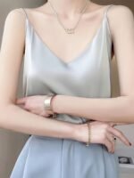 1Pc Elegant Off-Shoulder Sleeveless Blouse For Women - Chic White Satin Summer Top With Deep V-Neck, Perfect For Layering Or Standalone Outfits, Versatile Fashion | Elegant Offshoulder | Satin Finish