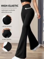 Women'S High-Waisted Flared Leggings - Elastic Waistband, Mid-Rise 9/10 Length, Stretchy Comfort Fit For Spring/Autumn Casual Wear, Black, High Waisted Leggings - Image 7