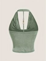 Elegant Mint Green Halter Neck Backless Top For Women - Textured Satin, Adjustable Strap, Knot-Front Detail, Perfect For Spring/Summer/Fall - Image 9