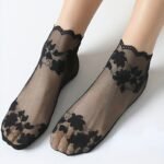 3 Pairs Women'S Summer Sheer Lace Ankle Socks - Black Floral Pattern, Breathable Mesh Fabric, Solid Color Design, Hand Washable, Elegant Footwear Accessories For Casual Attire, Cute Socks - Image 2