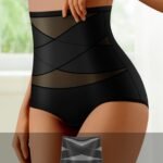 1Pc Women'S High-Waist Shapewear Panties, Comfortable Skin-Friendly Breathable, Elegant Style, No Padding, Cross Strap Detail, Medium Support, Knit Fabric, Solid Color, Nylon Material, Triangle Underwear