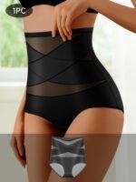 1Pc Women'S High-Waist Shapewear Panties, Comfortable Skin-Friendly Breathable, Elegant Style, No Padding, Cross Strap Detail, Medium Support, Knit Fabric, Solid Color, Nylon Material, Triangle Underwear