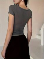 Solid Color Scoop Neck T-Shirt, Elegant Short Sleeve Slim Fit Top For Spring & Summer, Women'S Clothing - Image 9
