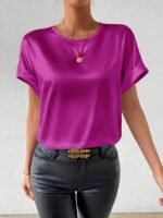Women'S Plus Size Light Blue Woven Blouse - Elegant Short Sleeve Crew Neck, Solid Color, Non-Stretch Fabric, Perfect For Summer, Casual Summer Wear|Sleek Fitted Look|Nonstretch Material, Plus Size Blouses - Image 7