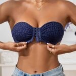 Soft Touch Chic Navy Blue Strapless Bandeau Bra With Heart Pattern - Sexy Front Closure, Push-Up Support, No Underwire, Soft Polyester & Elastane Blend, Hand Washable - Women'S Lingerie