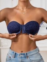 Soft Touch Chic Navy Blue Strapless Bandeau Bra With Heart Pattern - Sexy Front Closure, Push-Up Support, No Underwire, Soft Polyester & Elastane Blend, Hand Washable - Women'S Lingerie