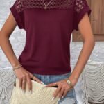 Women'S Batwing Short Sleeve T-Shirt - Lace Contrast Raglan Sleeves, Round Neck Longline Top, Burgundy & White Elegant Design, Machine Washable All-Season Casual Wear, Vacation Clothing, Nontransparent Fabric