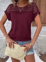 Women'S Batwing Short Sleeve T-Shirt - Lace Contrast Raglan Sleeves, Round Neck Longline Top, Burgundy & White Elegant Design, Machine Washable All-Season Casual Wear, Vacation Clothing, Nontransparent Fabric