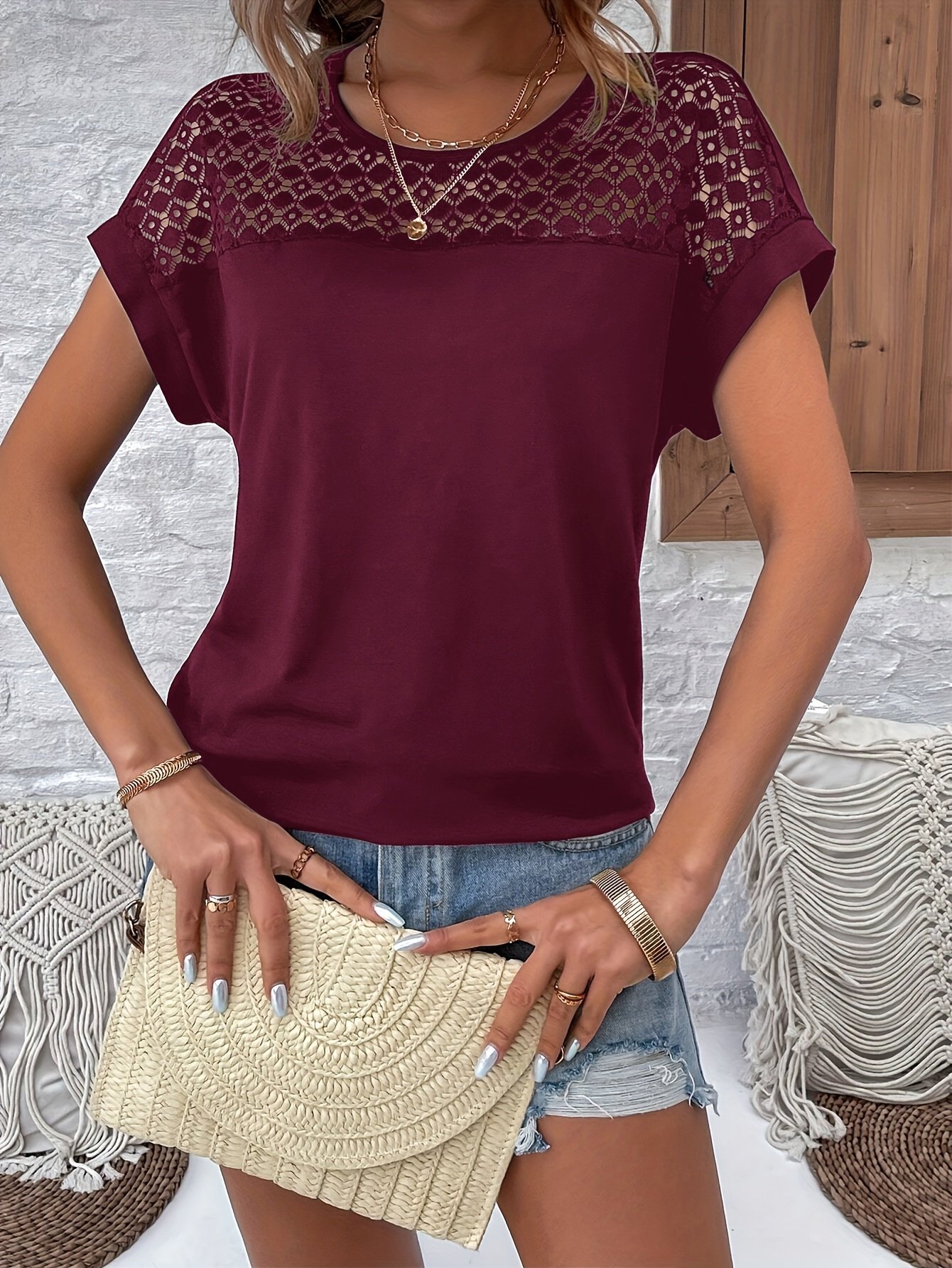 product-fancy-df42ee78-4585-49fb-a318-b50ba8dc71fc.jpg Women'S Batwing Short Sleeve T-Shirt - Lace Contrast Raglan Sleeves, Round Neck Longline Top, Burgundy & White Elegant Design, Machine Washable All-Season Casual Wear, Vacation Clothing, Nontransparent Fabric - Image 1