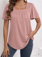 Plus Size Women'S Square Neck Ruffle Sleeve Top - Breathable Eyelet Cut-Out Fabric, Unique Chest Pleat Design, Elegant Fashion For Spring Summer Fall, Formal & Casual Wear, Casual Wear Top | Pleated Detail Top | Stretchy Fabric Top, Ladies T Shirts - Image 4