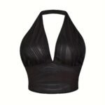 Plus Size Women'S Halter Neck Wave-Textured Sexy Camisole Top - Mid-Stretch Machine-Washable Elegant Special Collection For Casual & Formal Wear, Formal Attire Camisole, Elegant Design, Offshoulder Camisole, Comfortable Fit, Stretchy Fabric, Party Outfit, Stylish Blouse, Durable, Fitted Camisole, Stylish Ladies