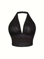 Plus Size Women'S Halter Neck Wave-Textured Sexy Camisole Top - Mid-Stretch Machine-Washable Elegant Special Collection For Casual & Formal Wear, Formal Attire Camisole, Elegant Design, Offshoulder Camisole, Comfortable Fit, Stretchy Fabric, Party Outfit, Stylish Blouse, Durable, Fitted Camisole, Stylish Ladies