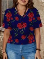 Plus Size Rose Print V Neck T-Shirt, Casual Short Sleeve Top For Spring & Summer, Women'S Plus Size Clothing - Image 7