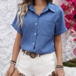 Elegant Special Women'S H-Neck Casual Shirt - Short Sleeve Button-Up Blouse, Solid Color Non-See-Through Fabric, Machine Washable Spring/Summer Top For Casual & Formal Wear, Summer Fashion, Decorative Belt Styling, Buttonup Front