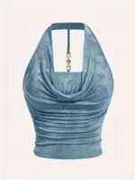 Elegant Mint Green Halter Neck Backless Top For Women - Textured Satin, Adjustable Strap, Knot-Front Detail, Perfect For Spring/Summer/Fall - Image 6