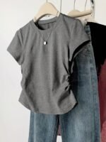 Women'S Casual Crew Neck Short Sleeve T-Shirt - Dark Green, Ribbed Hem, Lightweight & Stretchy, Perfect For Summer, Casual Attire|Ribbed Hem Tee|Lightweight Tshirt - Image 3