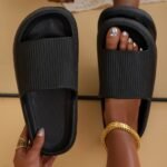 Women'S Thick-Sole Non-Slip Eva Slippers - Slip-On Comfort With Textured Grip, Lightweight Indoor/Outdoor Beach Sandals For Home, Pool & Travel - Black, Indoor Footwear | Versatile Footwear | Durable Footwear