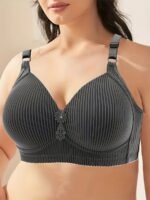 Women'S Plus Size Comfortable Striped Wireless Bra - Maternity Friendly, Medium Support, Knit Polyester Fabric, Regular Fit, All-Season Wear, Everyday Comfort Wear | Elegant Striped Design | Medium Support Bra, Ladies Underwear - Image 3