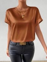 Women'S Plus Size Light Blue Woven Blouse - Elegant Short Sleeve Crew Neck, Solid Color, Non-Stretch Fabric, Perfect For Summer, Casual Summer Wear|Sleek Fitted Look|Nonstretch Material, Plus Size Blouses - Image 10