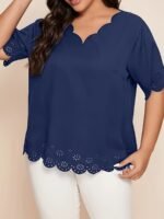Plus Size Elegant V-Neck Blouse With Short Puff Sleeves - Navy Blue, Lace Embroidery Detail, Non-Stretch Fabric, All-Season Shirt For Women, Casual Attire|Vneck Blouse|Lace Embroidery - Image 10