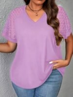 Plus Size, Plus Size Spring-Summer New Elegant Contrast Lace Splicing T-Shirt For Women Short Sleeve - Image 2
