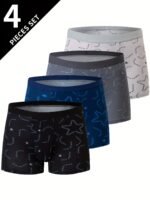 4Pcs Men'S Underwear, Polyester, Geometric-Pattern, Slight Stretch, Knit Fabric, 115G/M?, For Men