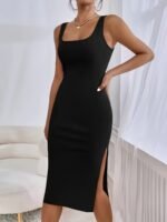 Women'S Sexy Ribbed Thigh-High Slit Vest Dress - Stretchy Solid Black Bodycon Machine-Washable Dress For All-Season Wear, Tight Fitted Dress, Evening Wear, Party Attire - Image 7