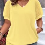 Plus Size Mesh Stitching T-Shirt, Casual V Neck Short Sleeve T-Shirt, Women'S Plus Size?Clothing