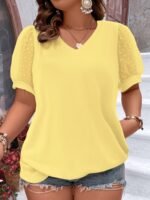 Plus Size Mesh Stitching T-Shirt, Casual V Neck Short Sleeve T-Shirt, Women'S Plus Size?Clothing