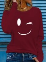Women'S Casual Long Sleeve Crew Neck Graphic Print T-Shirt - Playful Joyful Face Design, Slim Fit, Soft Breathable Fabric For Spring & Fall, Versatile Everyday Top, Ladies T Shirts, Wink Motif Apparel, Highquality - Image 7