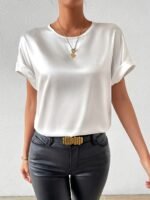 Women'S Elegant Satin Top, 100% Polyester Crew Neck Short Sleeve Solid Color Blouse, Regular Fit Casual Loose Tops For Spring/Summer, Woven Lightweight Fabric 120G/M? - All Seasons - Image 10