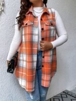 Plus Size Plaid Pattern Button Front Vest, Casual Sleeveless Flap Detail Gilet Jacket For Fall & Spring, Women'S Plus Size Clothing - Image 2